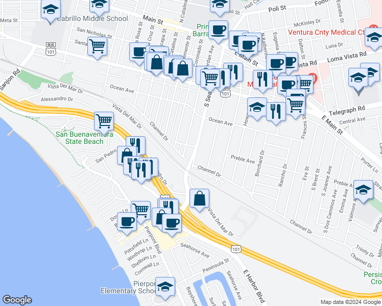 map of restaurants, bars, coffee shops, grocery stores, and more near 2277 Channel Drive in Ventura