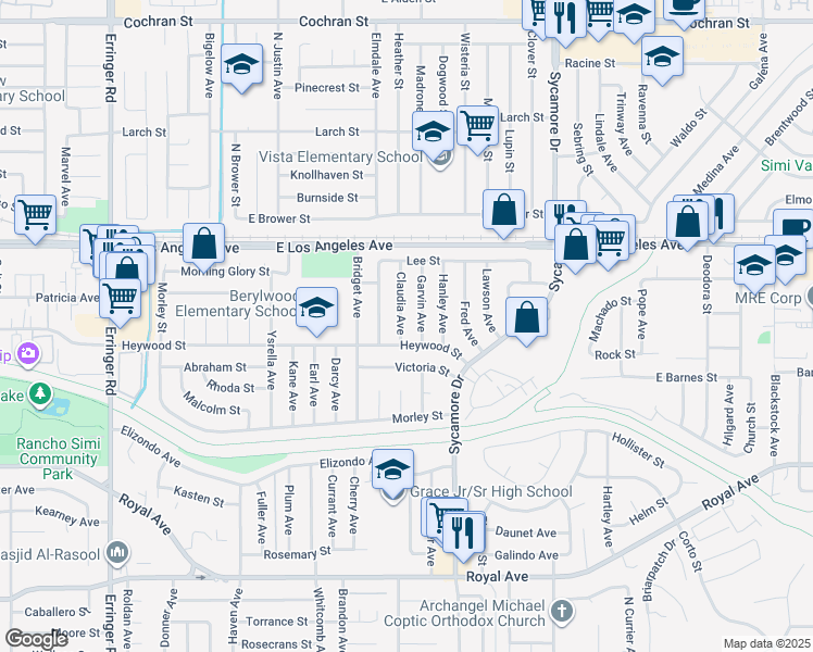 map of restaurants, bars, coffee shops, grocery stores, and more near 1734 Claudia Avenue in Simi Valley