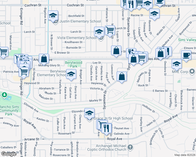map of restaurants, bars, coffee shops, grocery stores, and more near 1734 Garvin Avenue in Simi Valley