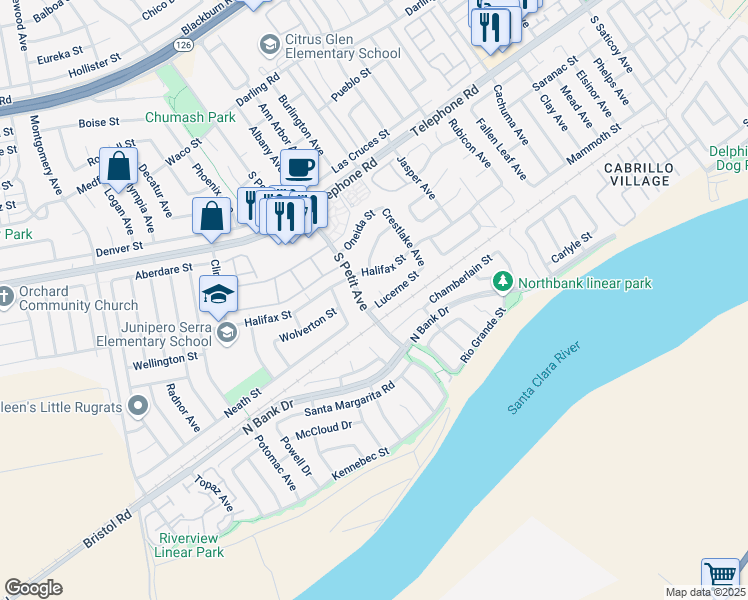 map of restaurants, bars, coffee shops, grocery stores, and more near 9513 Lucerne Street in Ventura