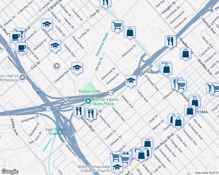 map of restaurants, bars, coffee shops, grocery stores, and more near 13865 Fielding Street in Los Angeles