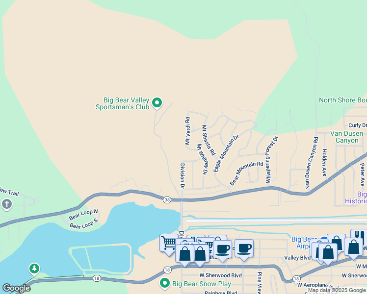 map of restaurants, bars, coffee shops, grocery stores, and more near 1091 Mount Verdi Road in Big Bear