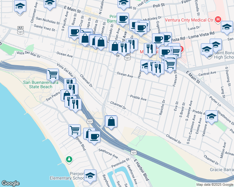 map of restaurants, bars, coffee shops, grocery stores, and more near 563 Arcade Drive in Ventura