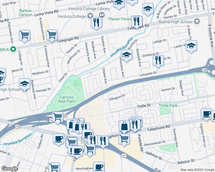map of restaurants, bars, coffee shops, grocery stores, and more near 4700 Aurora Drive in Ventura