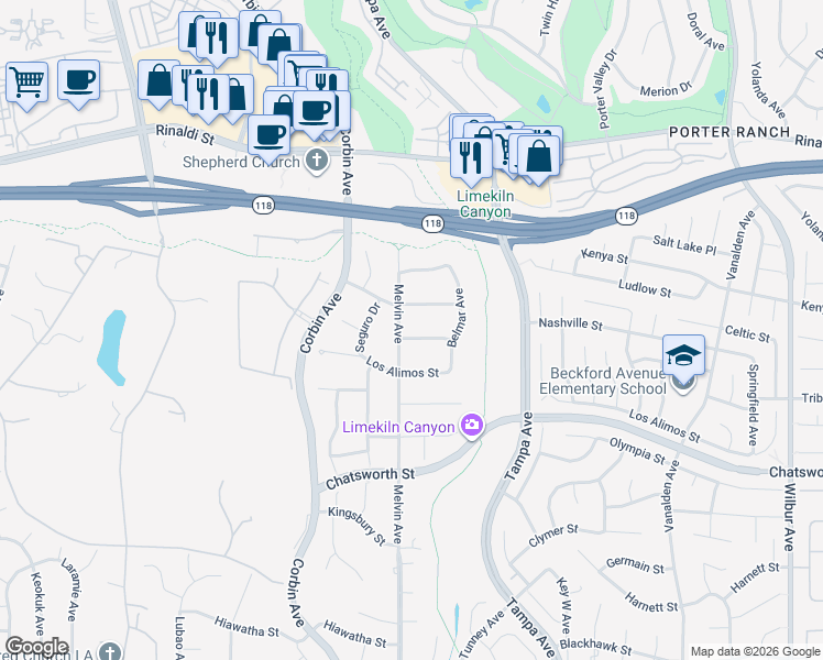 map of restaurants, bars, coffee shops, grocery stores, and more near 19559 Tulsa Street in Los Angeles