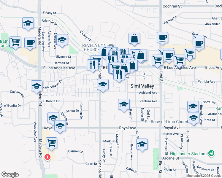 map of restaurants, bars, coffee shops, grocery stores, and more near 1778 Sinaloa Road in Simi Valley