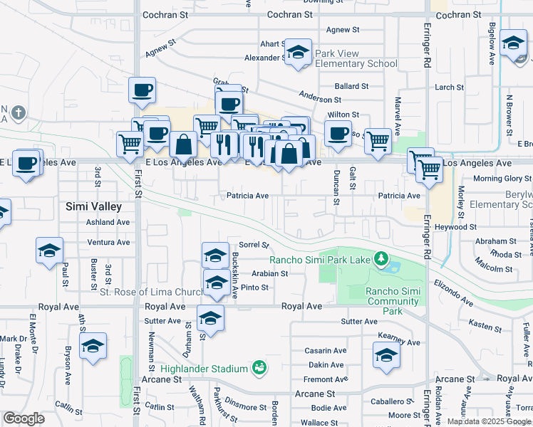 map of restaurants, bars, coffee shops, grocery stores, and more near 1454 Patricia Avenue in Simi Valley