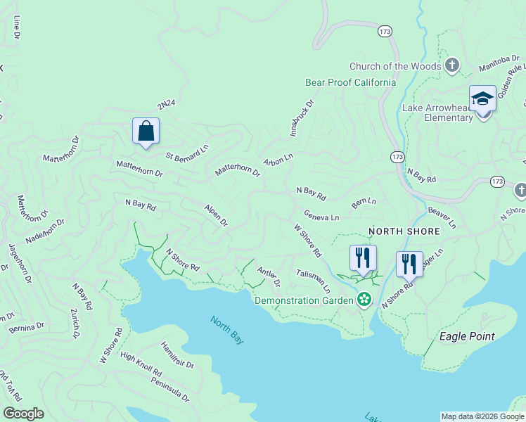 map of restaurants, bars, coffee shops, grocery stores, and more near 27955 North Bay Road in Lake Arrowhead