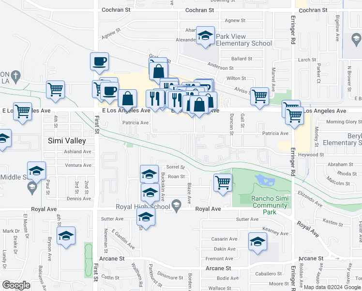 map of restaurants, bars, coffee shops, grocery stores, and more near 1448 Patricia Avenue in Simi Valley