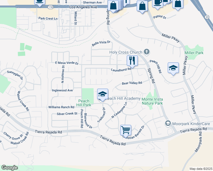 map of restaurants, bars, coffee shops, grocery stores, and more near 13488 East Quail Summit Road in Moorpark