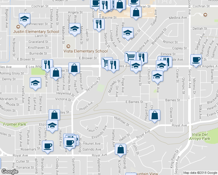 map of restaurants, bars, coffee shops, grocery stores, and more near 2761 Machado Street in Simi Valley