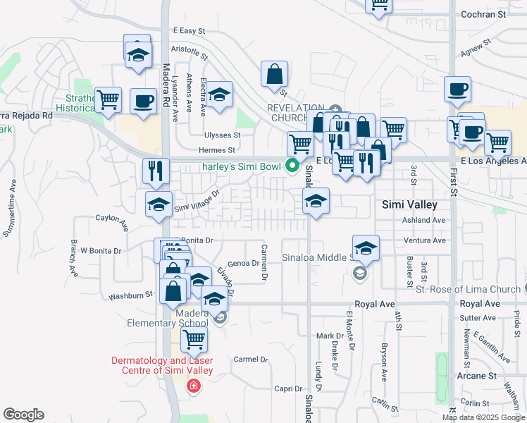 map of restaurants, bars, coffee shops, grocery stores, and more near 1761 Millpark Lane in Simi Valley