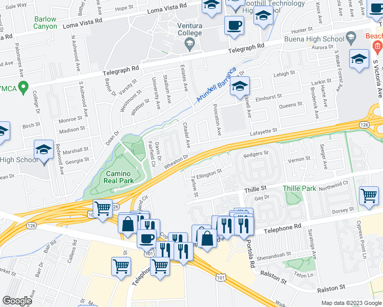 map of restaurants, bars, coffee shops, grocery stores, and more near 4700 Aurora Drive in Ventura