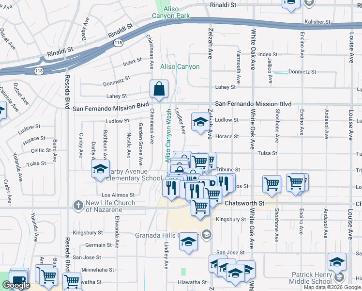 map of restaurants, bars, coffee shops, grocery stores, and more near 17962 Tulsa Place in Los Angeles