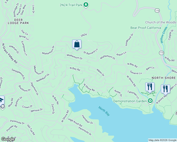 map of restaurants, bars, coffee shops, grocery stores, and more near 27744 North Bay Road in Lake Arrowhead