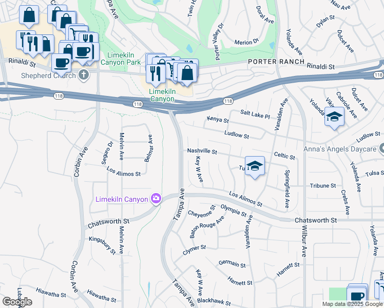 map of restaurants, bars, coffee shops, grocery stores, and more near 10927 Key West Avenue in Los Angeles