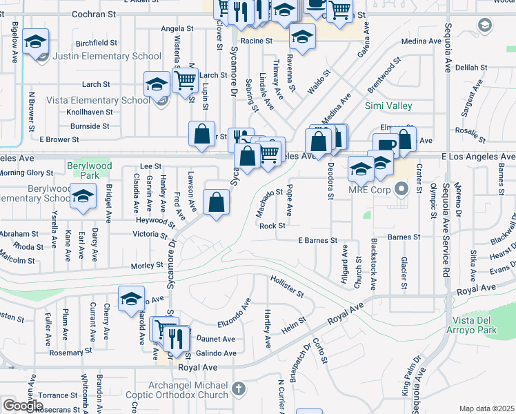 map of restaurants, bars, coffee shops, grocery stores, and more near 2761 Machado Street in Simi Valley