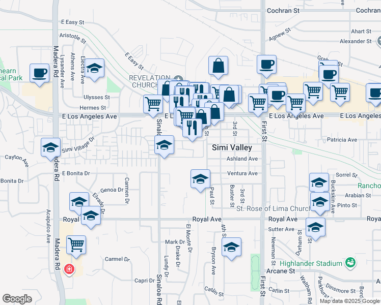 map of restaurants, bars, coffee shops, grocery stores, and more near 1760 Sinaloa Villa Road in Simi Valley