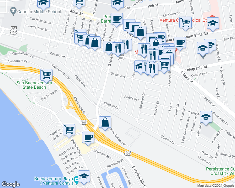 map of restaurants, bars, coffee shops, grocery stores, and more near 504 South Evergreen Drive in Ventura