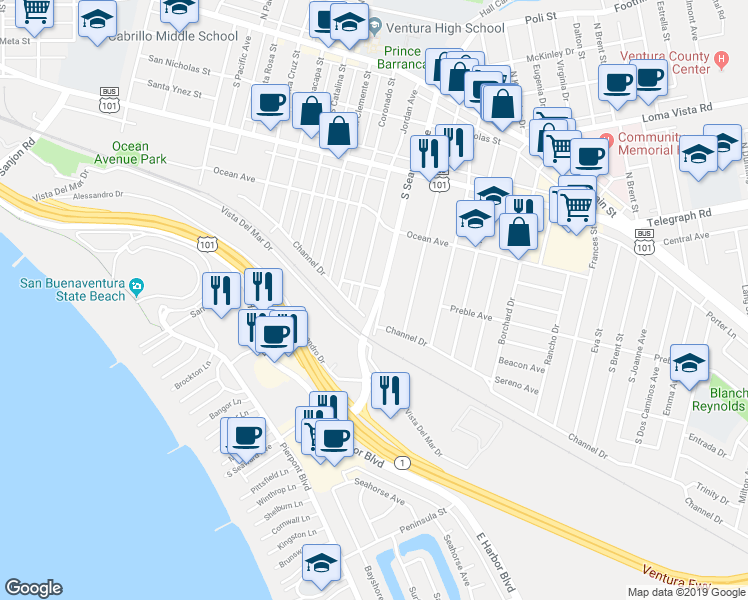 map of restaurants, bars, coffee shops, grocery stores, and more near 2277 Channel Drive in Ventura
