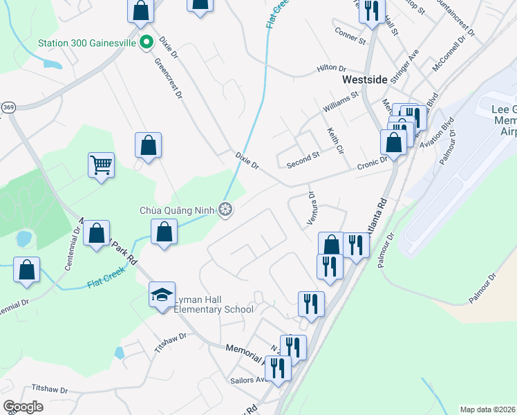 map of restaurants, bars, coffee shops, grocery stores, and more near 2690 Buena Vista Circle in Gainesville