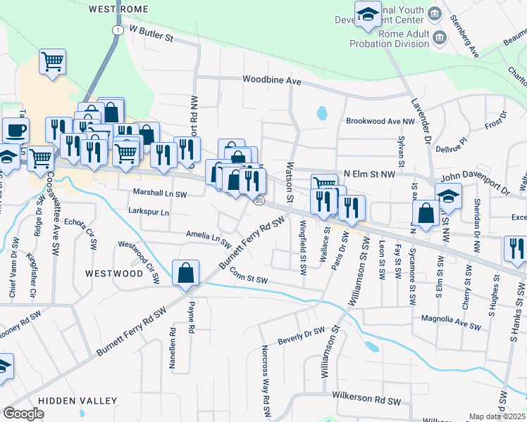 map of restaurants, bars, coffee shops, grocery stores, and more near 1803 Shorter Avenue in Rome