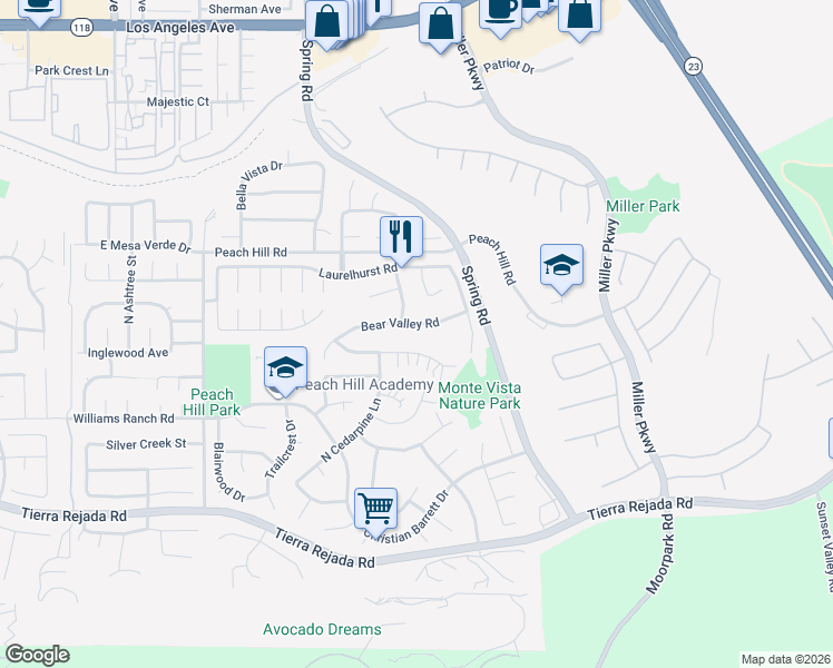 map of restaurants, bars, coffee shops, grocery stores, and more near 13742 Bear Valley Road in Moorpark