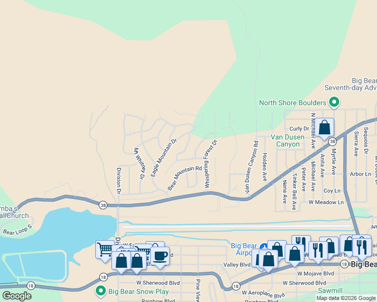 map of restaurants, bars, coffee shops, grocery stores, and more near 1068 Lookout Mountain Road in Big Bear