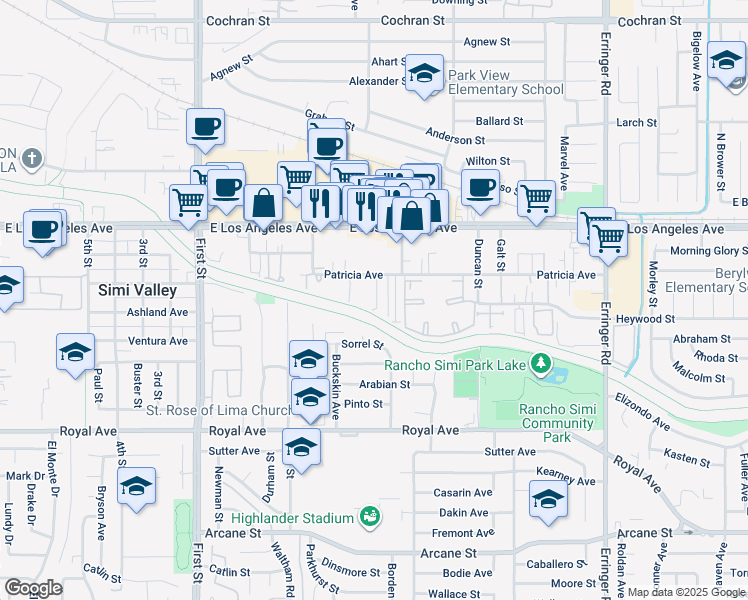 map of restaurants, bars, coffee shops, grocery stores, and more near 1448 Patricia Avenue in Simi Valley