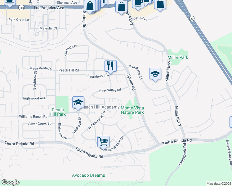 map of restaurants, bars, coffee shops, grocery stores, and more near 13742 Bear Valley Road in Moorpark