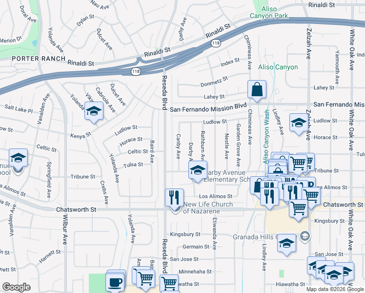 map of restaurants, bars, coffee shops, grocery stores, and more near 10934 Canby Avenue in Los Angeles