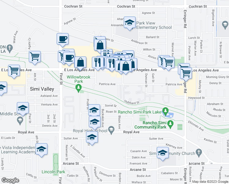map of restaurants, bars, coffee shops, grocery stores, and more near 1448 Patricia Avenue in Simi Valley