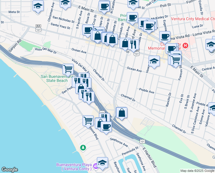 map of restaurants, bars, coffee shops, grocery stores, and more near 2206 Channel Drive in Ventura