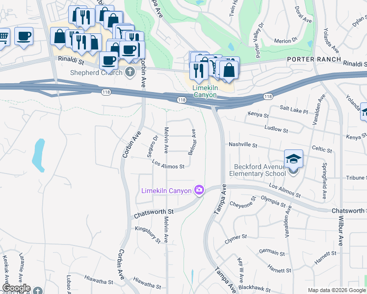 map of restaurants, bars, coffee shops, grocery stores, and more near 19529 Tulsa Street in Los Angeles
