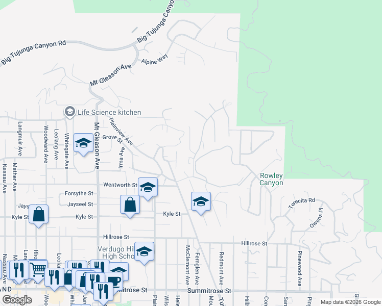 map of restaurants, bars, coffee shops, grocery stores, and more near 7454 Chanteclair Court in Los Angeles
