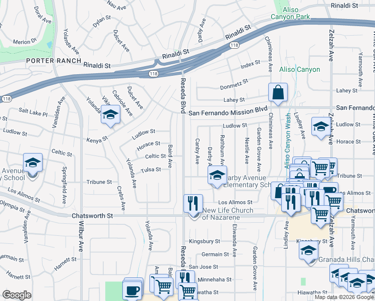 map of restaurants, bars, coffee shops, grocery stores, and more near 10910 Reseda Boulevard in Los Angeles