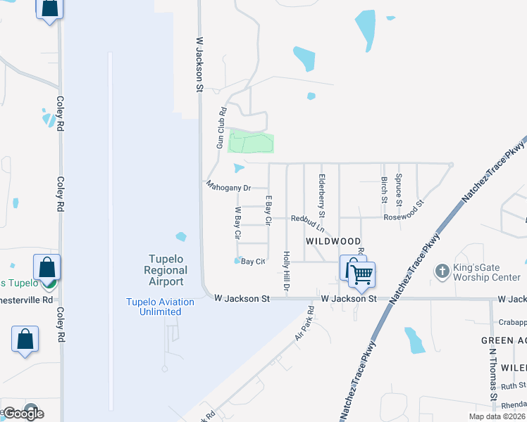 map of restaurants, bars, coffee shops, grocery stores, and more near 2601 Sourwood Drive in Tupelo