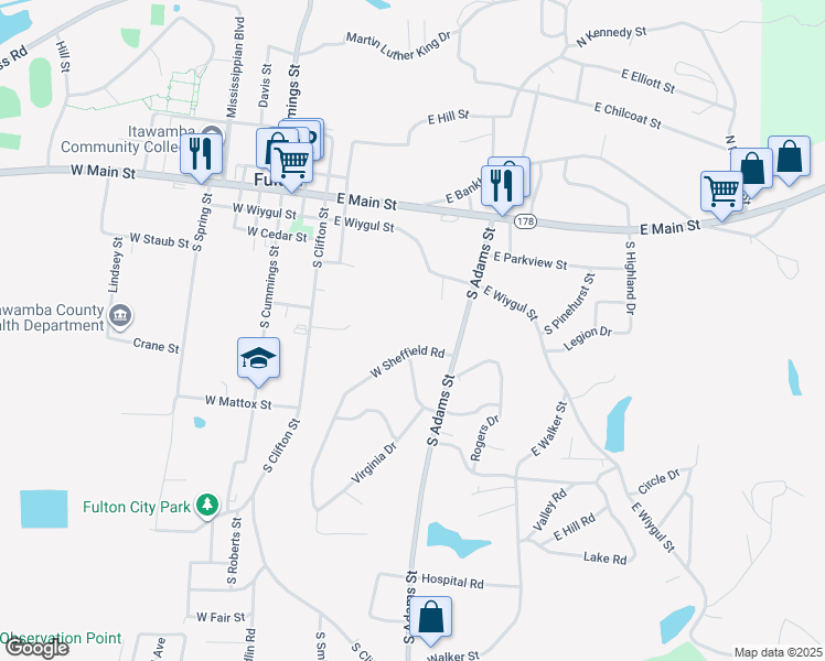 map of restaurants, bars, coffee shops, grocery stores, and more near 304 West Sheffield Road in Fulton