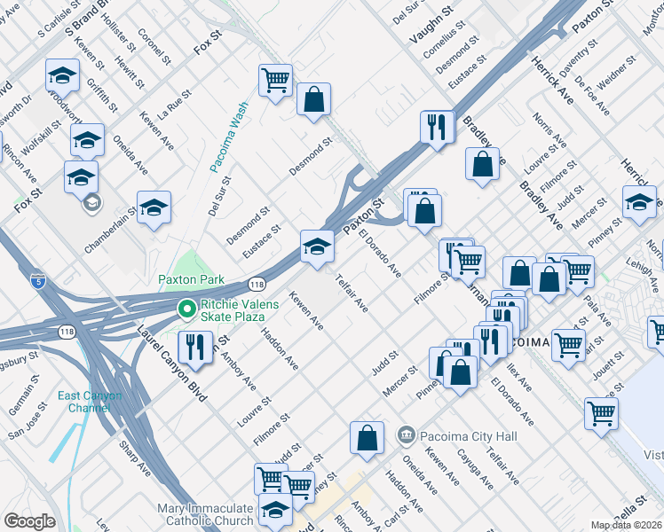 map of restaurants, bars, coffee shops, grocery stores, and more near 13685 Daventry Street in Los Angeles