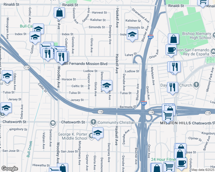 map of restaurants, bars, coffee shops, grocery stores, and more near 15898 Celtic Street in Los Angeles