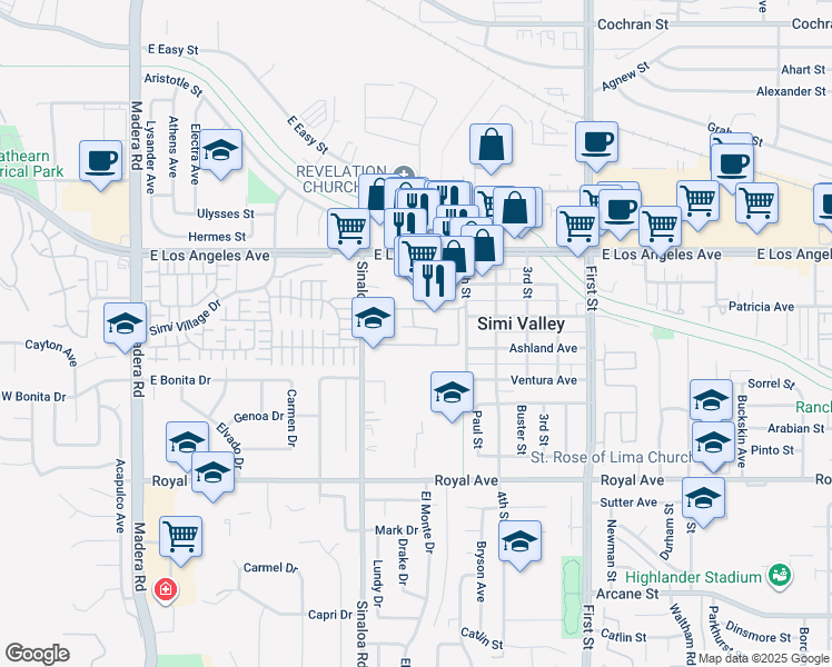 map of restaurants, bars, coffee shops, grocery stores, and more near 1772 Sinaloa Road in Simi Valley