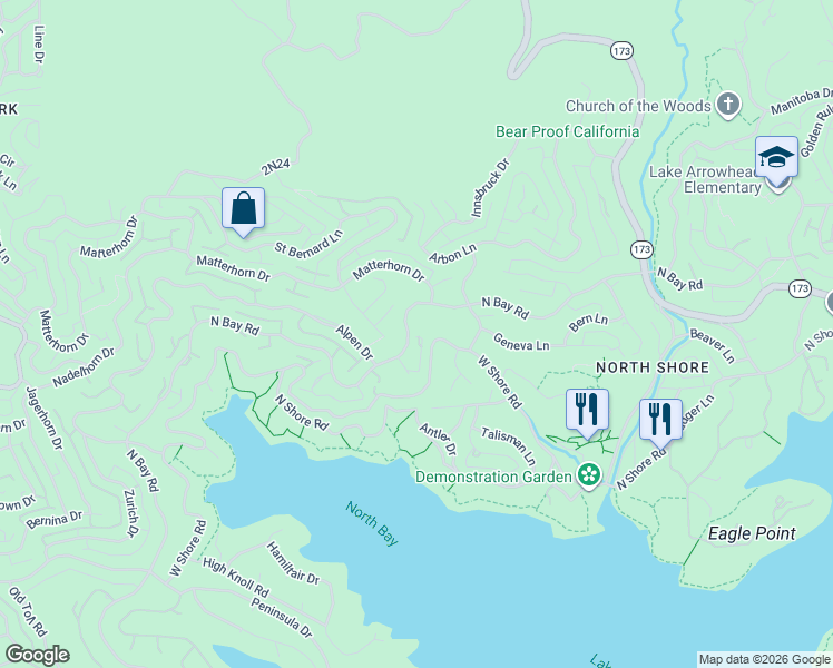 map of restaurants, bars, coffee shops, grocery stores, and more near 27955 North Bay Road in Lake Arrowhead