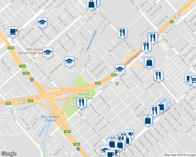 map of restaurants, bars, coffee shops, grocery stores, and more near 13865 Fielding Street in Los Angeles