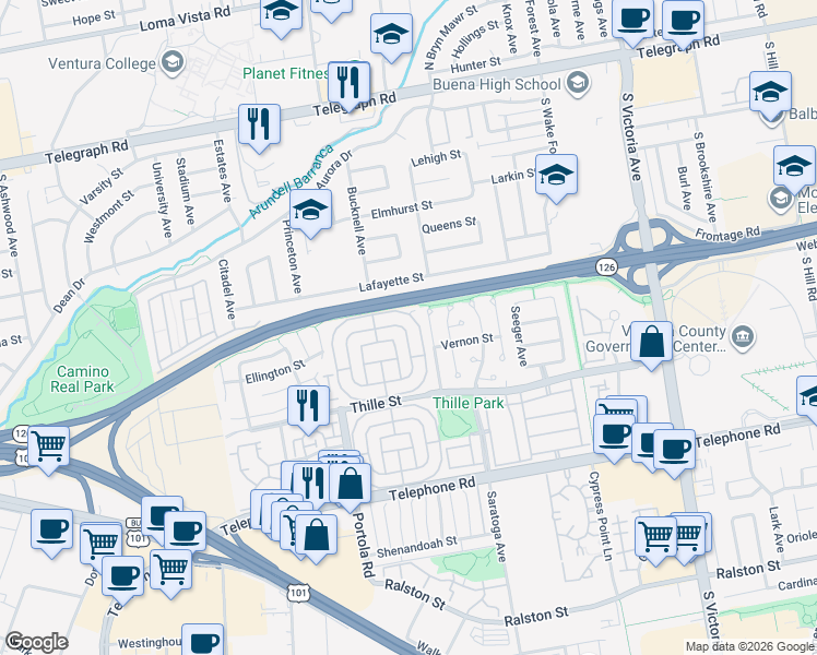 map of restaurants, bars, coffee shops, grocery stores, and more near 281 Rodgers Street in Ventura
