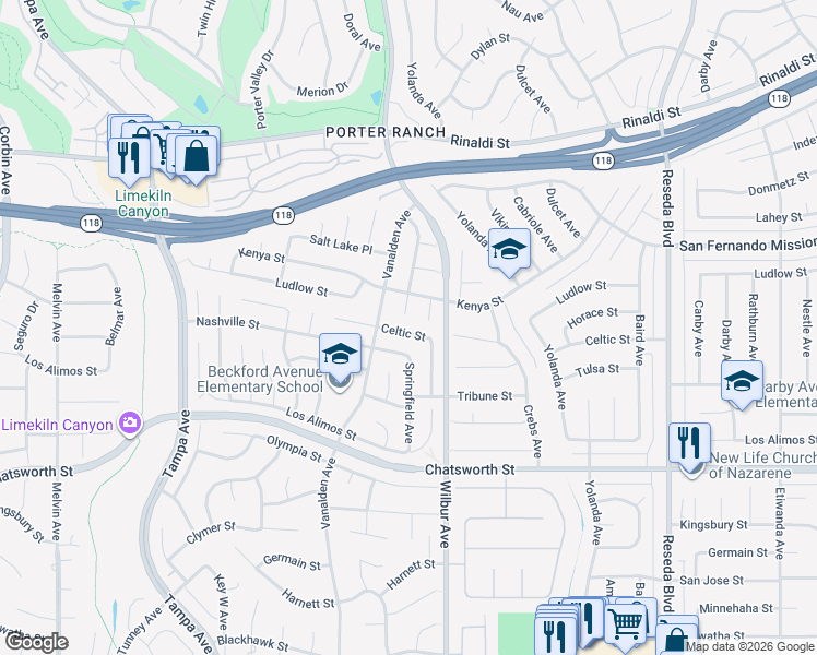 map of restaurants, bars, coffee shops, grocery stores, and more near 19001 Celtic Street in Los Angeles