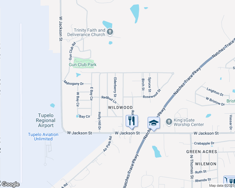 map of restaurants, bars, coffee shops, grocery stores, and more near 900-998 Elderberry St in Tupelo