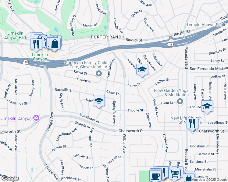 map of restaurants, bars, coffee shops, grocery stores, and more near 19001 Celtic Street in Los Angeles
