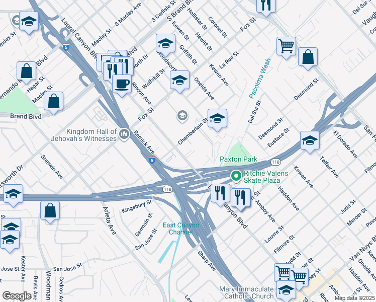map of restaurants, bars, coffee shops, grocery stores, and more near 10918 Laurel Canyon Boulevard in San Fernando