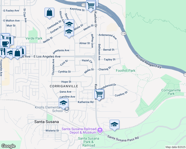 map of restaurants, bars, coffee shops, grocery stores, and more near 1714 Flowerdale Street in Simi Valley