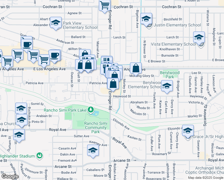 map of restaurants, bars, coffee shops, grocery stores, and more near 1752 Erringer Road in Simi Valley